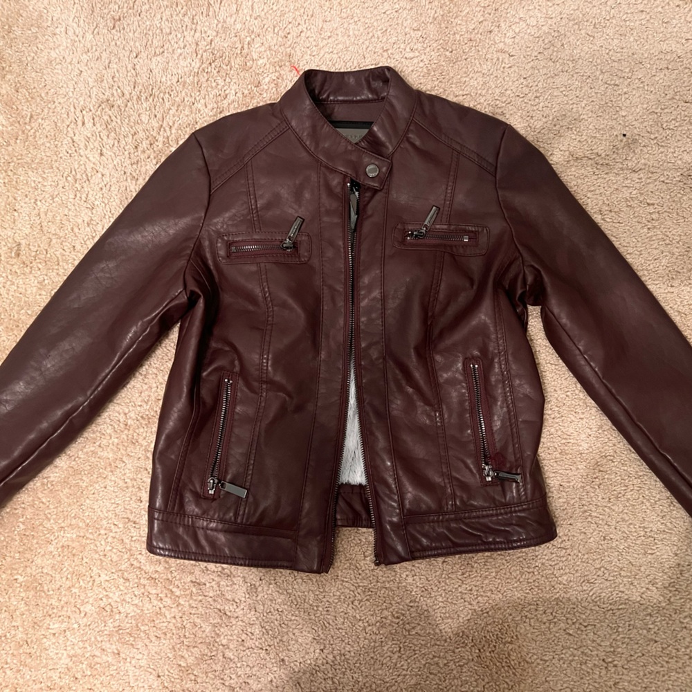 Burgundy Fur-lined Leather Jacket